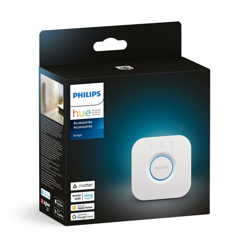 Philips Hue Bridge smart home hub retail packaging with connectivity logos Philips Hue Bridge smart home hub retail packaging with connectivity logos