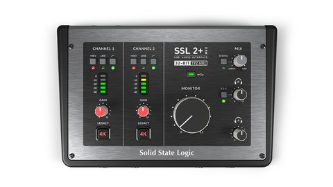 SSL 2 Plus MKII USB audio interface top view with knobs SSL 2 Plus MKII USB audio interface top view with knobs